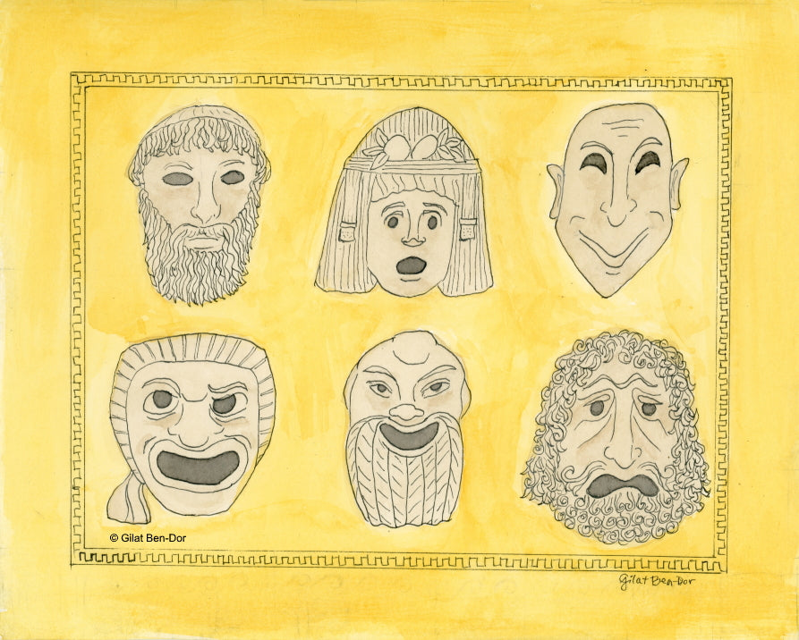 So Dramatic! Masks of Greek Drama: Deluxe Large Folded Notecard by Gilat Ben-Dor: CURTAIN UP Theater Art Series