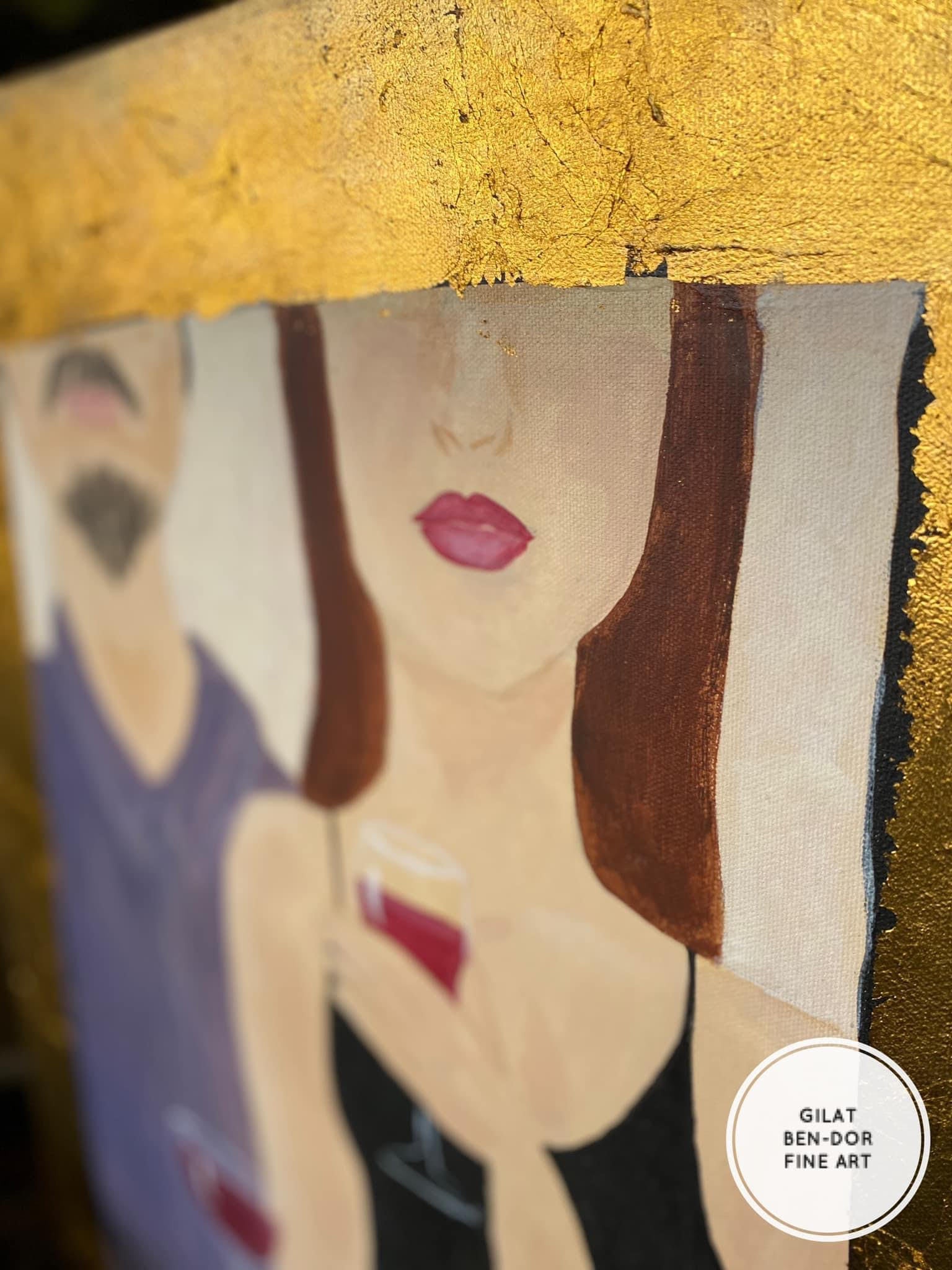 "The Tasters" Original Acrylic and Dutch Gold Leaf Figural Wine Painting by Gilat Ben-Dor