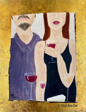 "The Tasters" Original Acrylic and Dutch Gold Leaf Figural Wine Painting by Gilat Ben-Dor