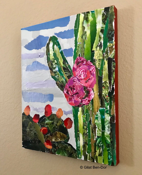 Saguaro Sky - Original Collage Painting on Canvas by Gilat Ben-Dor