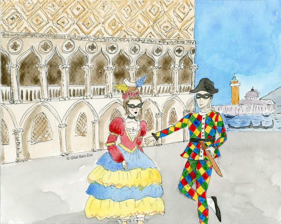 Arlecchino & Columbina in Venice - ORIGINAL PAINTING - Watercolor by Gilat Ben-Dor - Curtain Up Gammage Theater exhibit