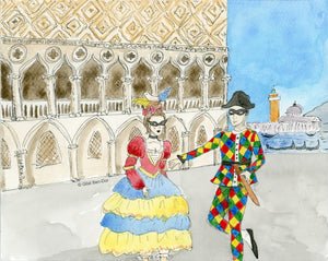 Arlecchino & Columbina in Venice: Deluxe Large Folded Notecard by Gilat Ben-Dor: CURTAIN UP Theater Art Series