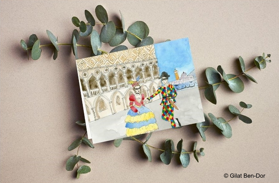 Arlecchino & Columbina in Venice: Deluxe Large Folded Notecard by Gilat Ben-Dor: CURTAIN UP Theater Art Series