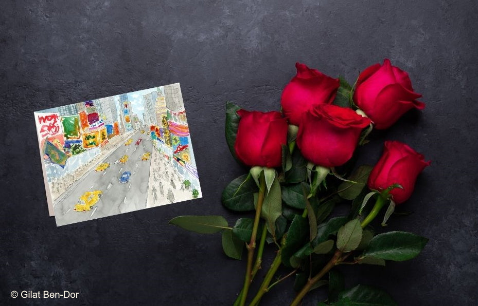 Bustle on Broadway: Deluxe Large Folded Notecard by Gilat Ben-Dor: CURTAIN UP Theater Art Series