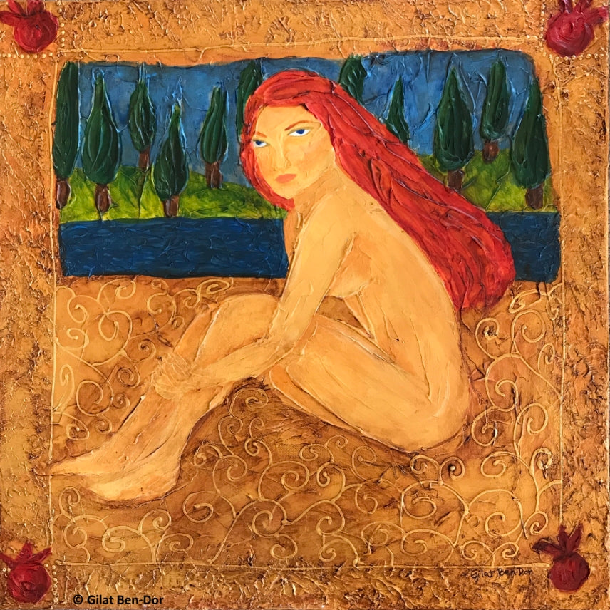 "Daphne" Original Acrylic Painting of Redhead in Nature by Gilat Ben-Dor