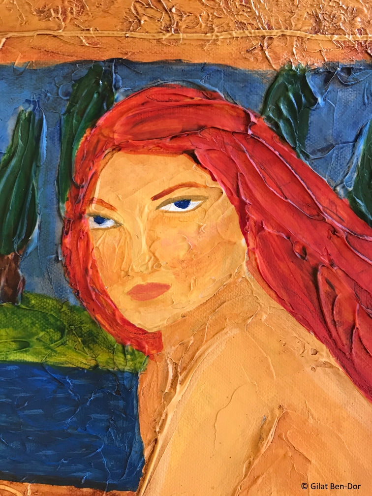 "Daphne" Original Acrylic Painting of Redhead in Nature by Gilat Ben-Dor