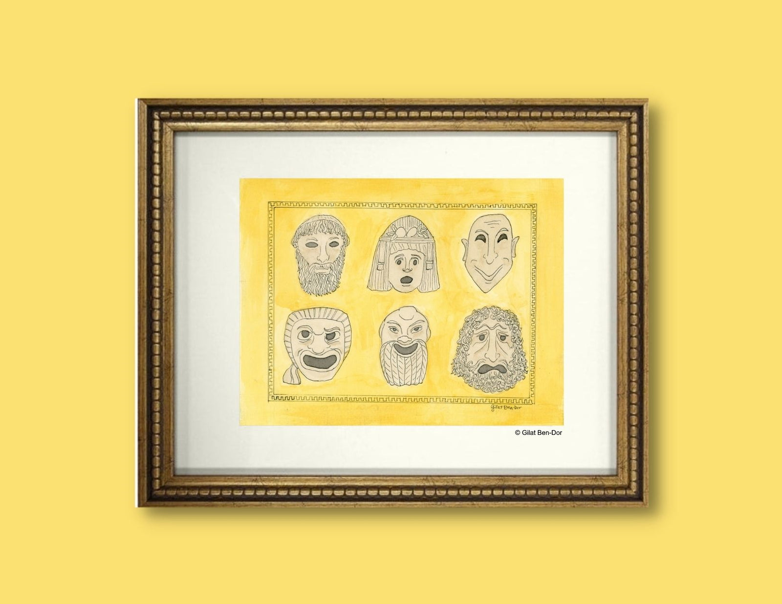 So Dramatic! Masks of Greek Drama - ORIGINAL PAINTING - Watercolor by Gilat Ben-Dor - Curtain Up Gammage Theater exhibit