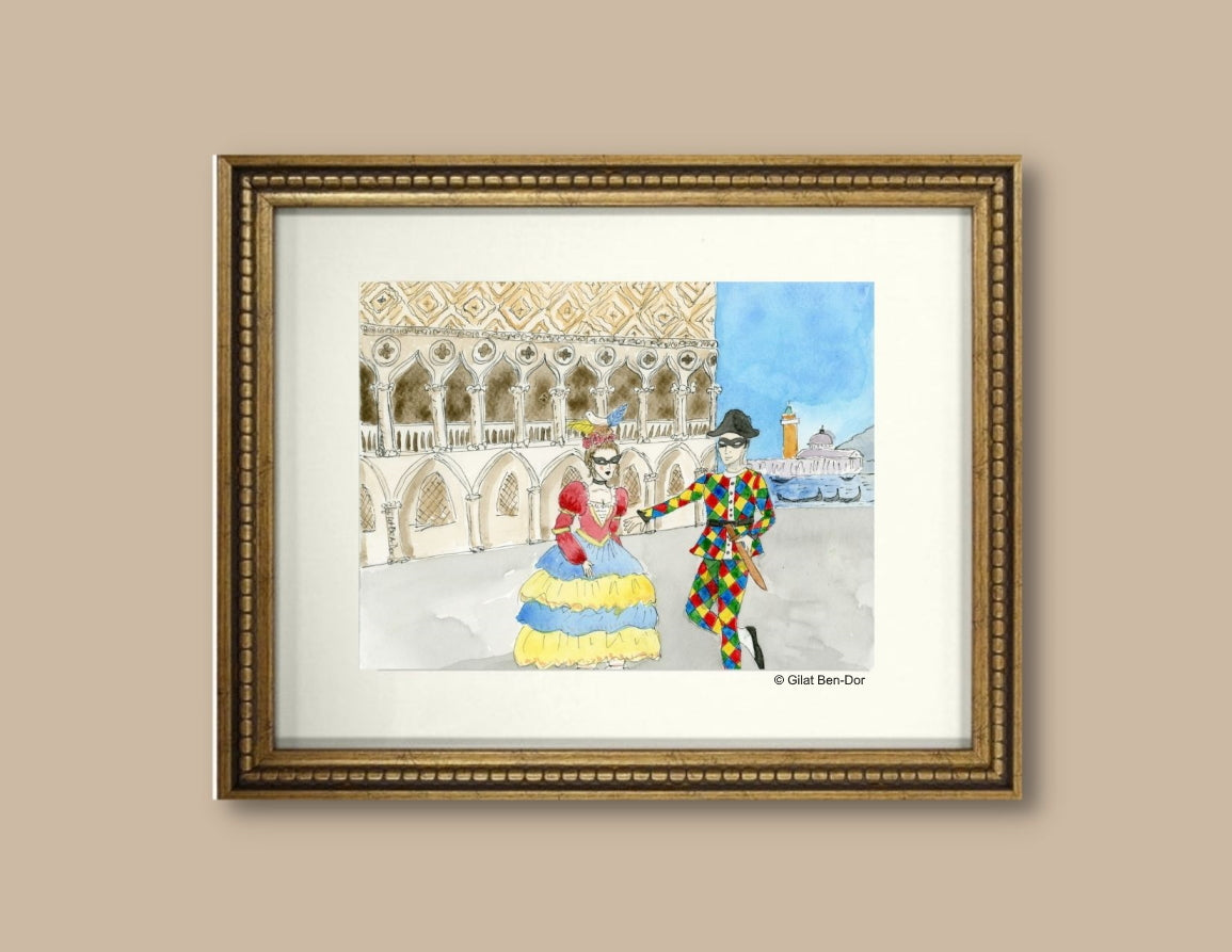 Arlecchino & Columbina in Venice - ORIGINAL PAINTING - Watercolor by Gilat Ben-Dor - Curtain Up Gammage Theater exhibit