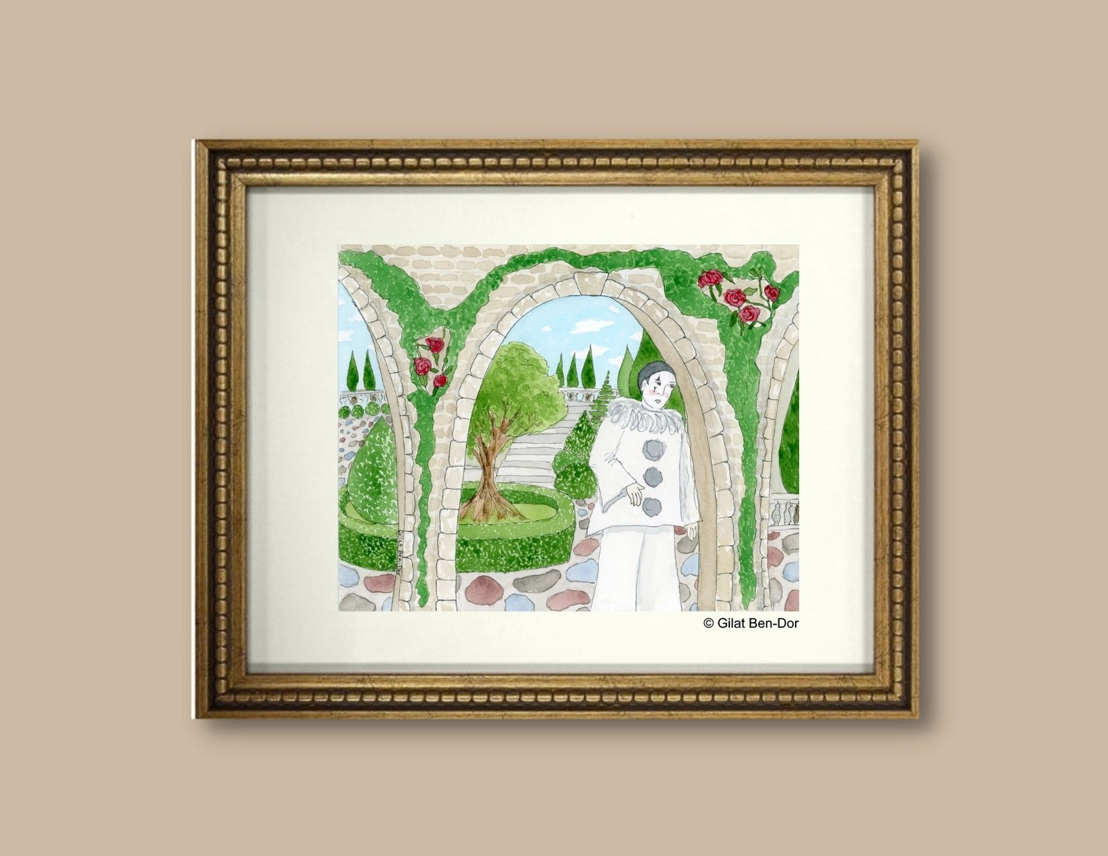 Pierrot In The Garden - ORIGINAL PAINTING - Watercolor by Gilat Ben-Dor - Curtain Up Gammage Theater exhibit