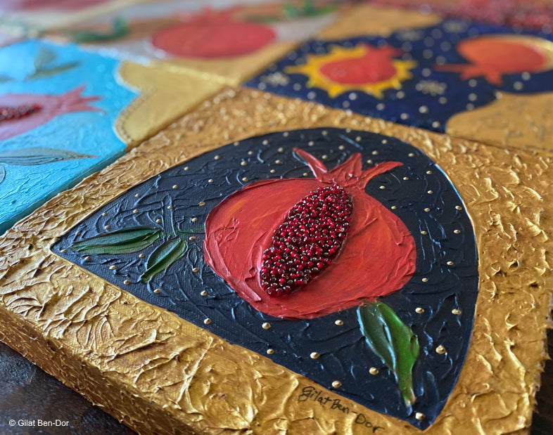 Gilded Dream: Original Art on Canvas by Gilat Ben-Dor - Pomegranate Tapestry Series