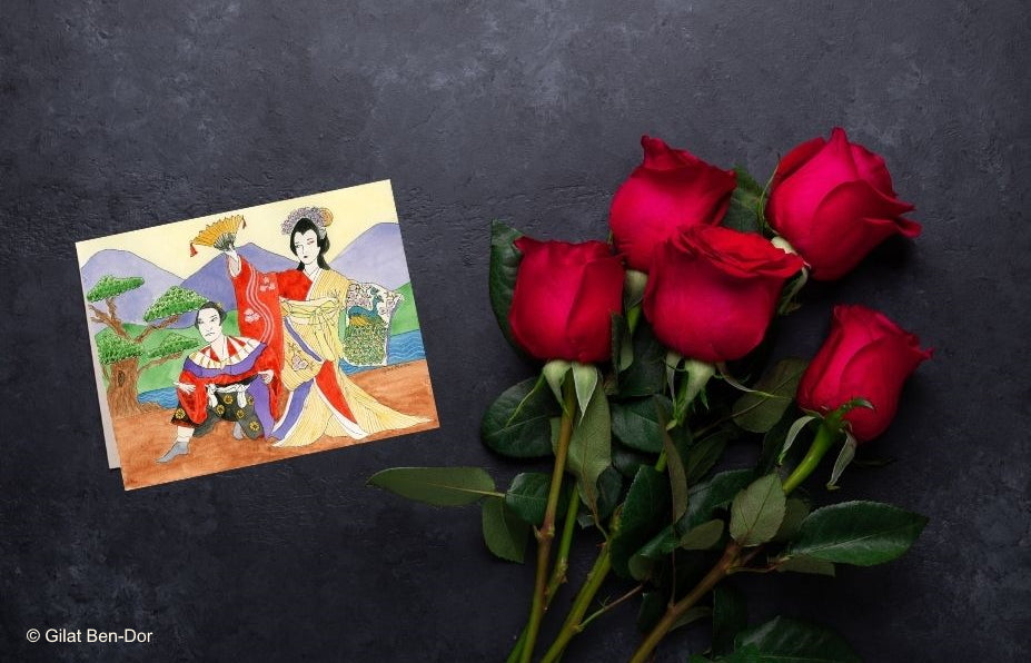 Kabuki No-Mie: Deluxe Large Folded Notecard by Gilat Ben-Dor: CURTAIN UP Theater Art Series