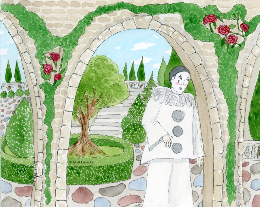 Pierrot In The Garden - ORIGINAL PAINTING - Watercolor by Gilat Ben-Dor - Curtain Up Gammage Theater exhibit