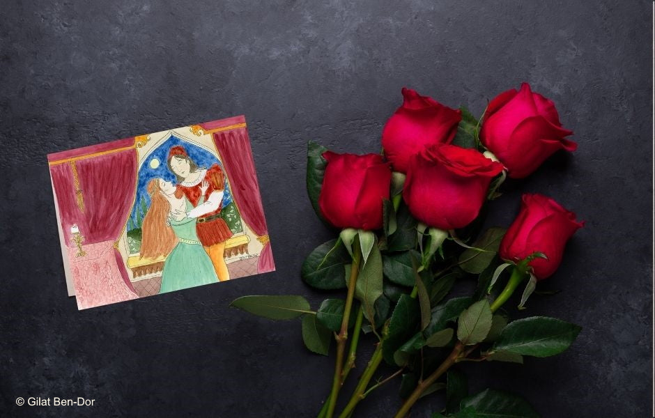Star-Crossed Lovers: Romeo & Juliet - Deluxe Large Folded Notecard by Gilat Ben-Dor: CURTAIN UP Theater Art Series