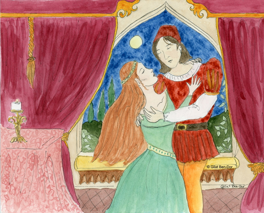 Star-Crossed Lovers: Romeo & Juliet - ORIGINAL PAINTING - Watercolor by Gilat Ben-Dor - Curtain Up Gammage Theater exhibit
