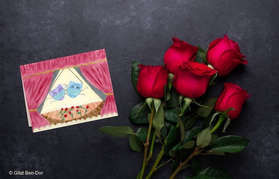 Welcome Back: Theater Masks - Deluxe Large Folded Notecard by Gilat Ben-Dor: CURTAIN UP Theater Art Series