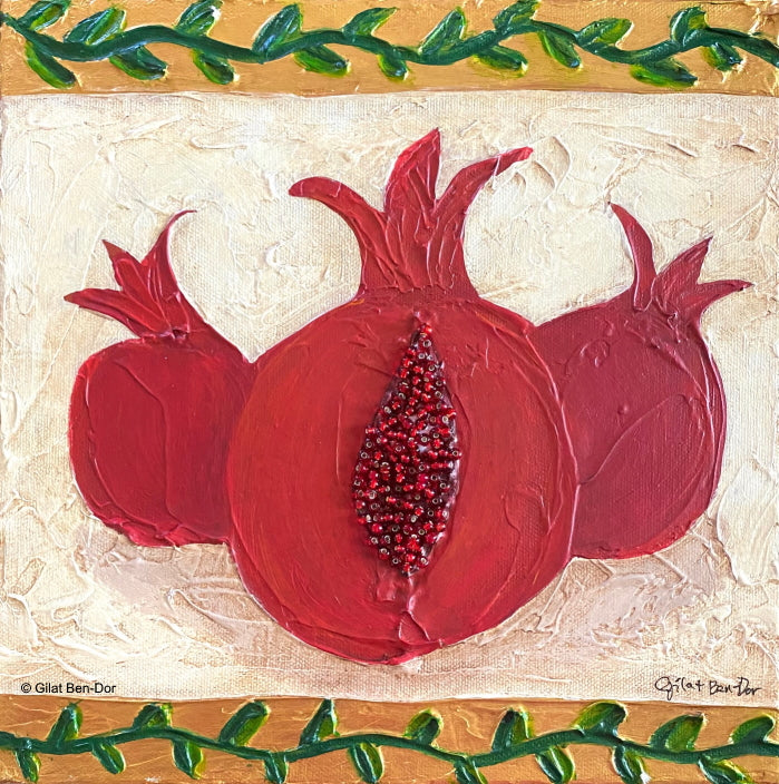 Trio En Blanc: Original Art on Canvas by Gilat Ben-Dor - Pomegranate Tapestry Series