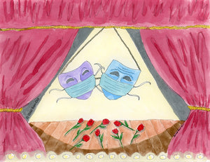 Welcome Back: Theater Masks - Deluxe Large Folded Notecard by Gilat Ben-Dor: CURTAIN UP Theater Art Series