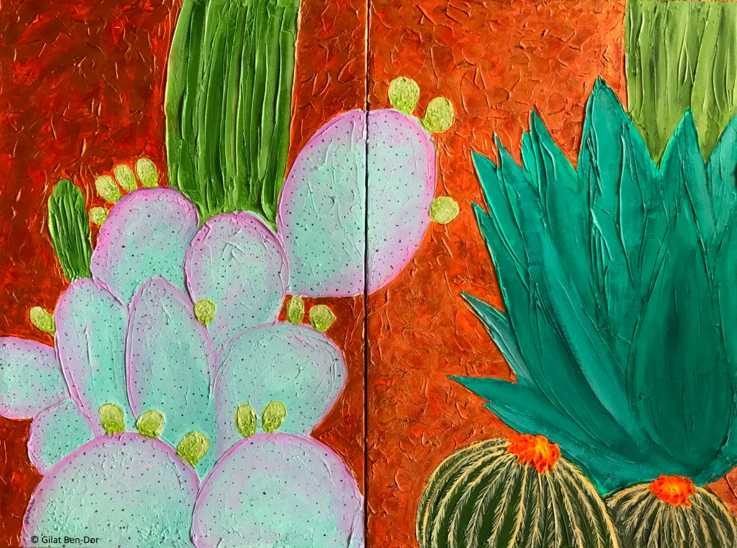 Wild Santa Rita diptych desert botanical painting by Gilat Ben-Dor